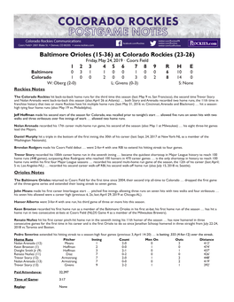 Baltimore Orioles (15-36) at Colorado Rockies (23-26)