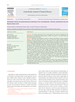 Antioxidant Activity and Phytochemical Screening of Two Cucurbitaceae: Citrullus Colocynthis Fruits and Bryonia Dioica Roots