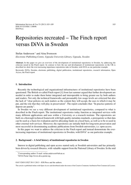 Repositories Recreated – the Finch Report Versus Diva in Sweden