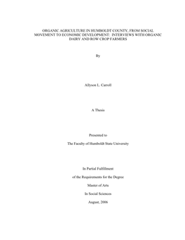 Organic Agriculture in Humboldt County, from Social Movement to Economic Development: Interviews with Organic Dairy and Row Crop Farmers