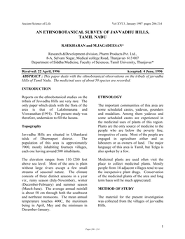 An Ethnobotanical Survey of Javvadhu Hills, Tamil Nadu