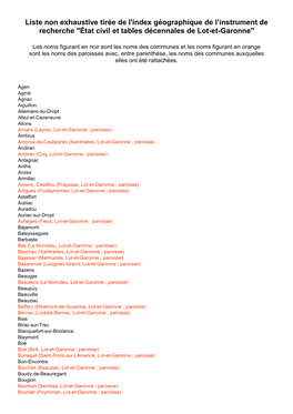 Liste Non Exhaustive Tirée De L'index Géographique De L'instrument De Recherche "État Civil Et Tables Décennales De L