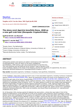 The Stony Coral Agaricia Tenuifolia Dana, 1848 As a New Gall Crab Host