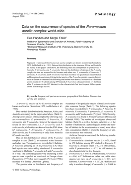 Data on the Occurrence of Species of the Paramecium Aurelia Complex World-Wide