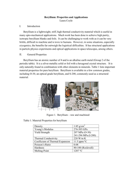 Beryllium: Properties and Applications Laura Coyle I. Introduction