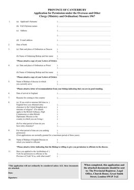 PROVINCE of CANTERBURY Application for Permission Under the Overseas and Other Clergy (Ministry and Ordination) Measure 1967