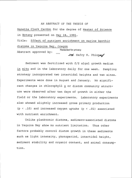 Effect of Nutrient Enrichment on Marine Benthic Diatoms in Yaquina Bay, Oregon Redacted for Privacy Abstract Approved By