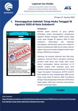 1. Penangguhan Sekolah Tatap Muka Tanggal 18 Agustus 2020 Di Kota Sukabumi