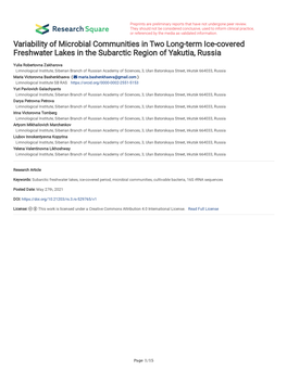 Variability of Microbial Communities in Two Long-Term Ice-Covered Freshwater Lakes in the Subarctic Region of Yakutia, Russia