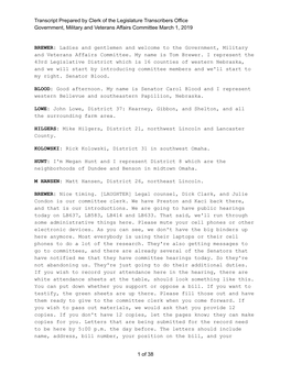 Transcript Prepared by Clerk of the Legislature Transcribers Office Government, Military and Veterans Affairs Committee March 1, 2019