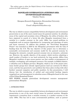 RANGELAND GOVERNANCE in a SUBURBAN AREA of POST-SOCIALIST MONGOLIA Takahiro Tomita Kinugasa Research Organization, Ritsumeikan