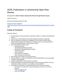 ACRL Publications in Librarianship Open Peer Review Code of Conduct