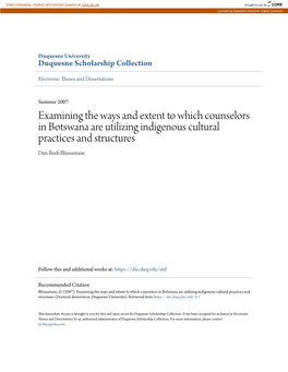 Examining the Ways and Extent to Which Counselors in Botswana Are Utilizing Indigenous Cultural Practices and Structures Dan-Bush Bhusumane