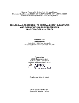 Geological Introduction to E3 Metals Corp. Clearwater and Exshaw Lithium-Brine Properties in South-Central Alberta