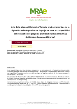 Avis De La Mission Régionale D'autorité Environnementale De La Région Nouvelle-Aquitaine Sur Le Projet De Mise En Compatibi