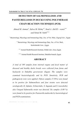 Detection of Salmonellosis and Pasteurellosis in Ducks Using Polymerase Chain Reaction Technique (Pcr)