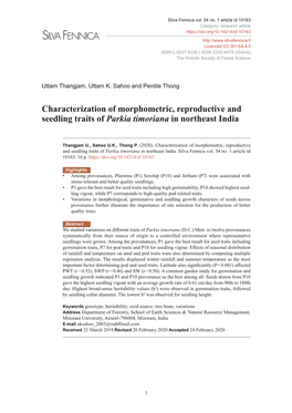 Characterization of Morphometric, Reproductive and Seedling Traits of Parkia Timoriana in Northeast India