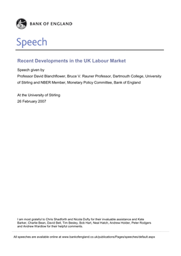 Speech by Professor David Blanchflower at the University Of