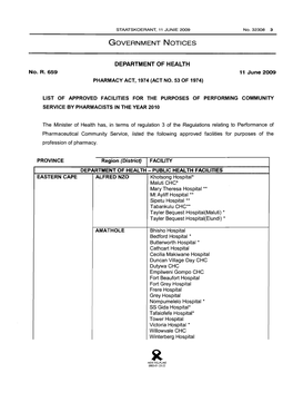 Health Professions Act: List of Approved Facilities for Performing Community Service by Pharmacists: in 2010