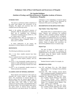 Preliminary Table of Placer Gold Deposits and Occurrences of Mongolia