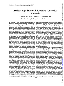 Anxiety in Patients Withhysterical Conversion