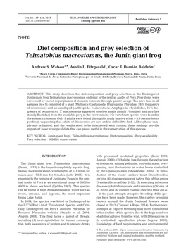 Diet Composition and Prey Selection of Telmatobius Macrostomus, the Junín Giant Frog