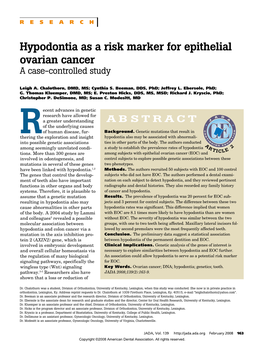 Hypodontia As a Risk Marker for Epithelial Ovarian Cancer a Case-Controlled Study