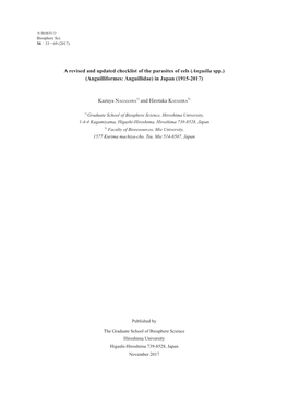 A Revised and Updated Checklist of the Parasites of Eels (Anguilla Spp.) (Anguilliformes: Anguillidae) in Japan (1915-2017)