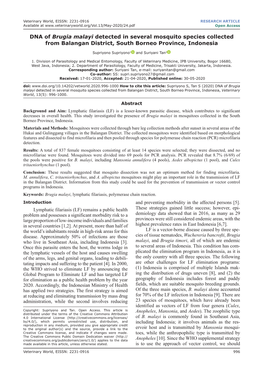 DNA of Brugia Malayi Detected in Several Mosquito Species Collected from Balangan District, South Borneo Province, Indonesia