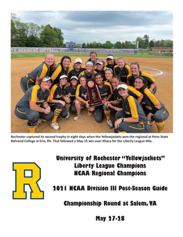 University of Rochester “Yellowjackets” Liberty League Champions NCAA Regional Champions