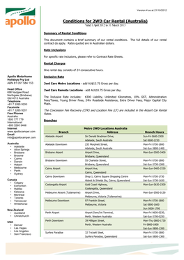 Conditions for 2WD Car Rental (Australia) Valid 1 April 2012 to 31 March 2013