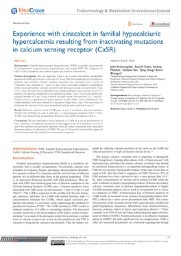 Experience with Cinacalcet in Familial Hypocalciuric Hypercalcemia Resulting from Inactivating Mutations in Calcium Sensing Receptor (Casr)