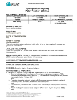 Sodium Oxybate) Policy Number: C3925-A