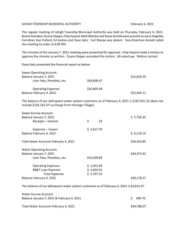 LEHIGH TOWNSHIP MUNICIPAL AUTHORITY February 4, 2021 The