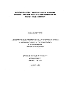 Authenticity, Identity and the Politics of Belonging: Sephardic Jews from North Africa and India Within the Toronto Jewish Community