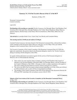 Summary No. 10 of the Executive Bureau of the CC of the RCP