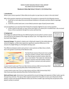 MARS STUDENT IMAGING PROJECT FINAL REPORT ASU MARS EDUCATION PROGRAM Waubonsie Valley High School | Period 1 | 12‐13 School Year