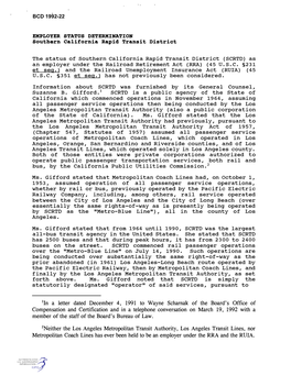 The Status of Southern California Rapid Transit District (SCRTD) As an Employer Under the Railroad Retirement Act (RRA) (45 U.S.C