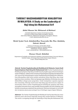 TAREKAT NAQSHABANDIYYAH KHALIDIYYAH in MALAYSIA: a Study on the Leadership of Haji Ishaq Bin Muhammad Arif