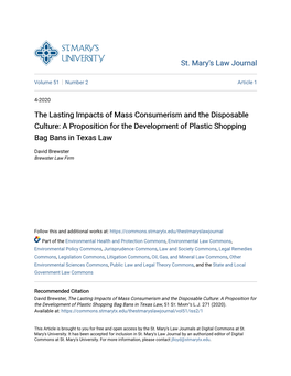 The Lasting Impacts of Mass Consumerism and the Disposable Culture: a Proposition for the Development of Plastic Shopping Bag Bans in Texas Law