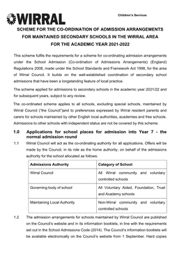 Scheme for the Co-Ordination of Admission Arrangements for Maintained Secondary Schools in the Wirral Area for the Academic Year 2021-2022