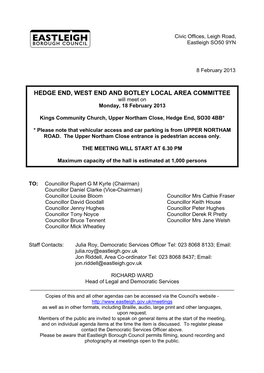 HEDGE END, WEST END and BOTLEY LOCAL AREA COMMITTEE Will Meet on Monday, 18 February 2013