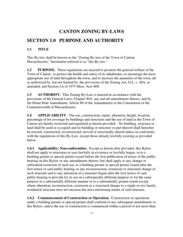 Canton Zoning By-Laws Section 1.0 Purpose And