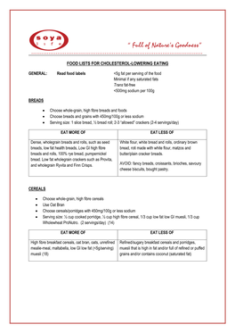 Food Lists for Cholesterol-Lowering Eating