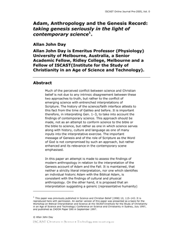 Adam, Anthropology and the Genesis Record: Taking Genesis Seriously in the Light of Contemporary Science1