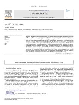 Russell's Debt to Lotze Stud. Hist. Phil. Sci