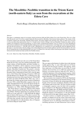 The Mesolithic–Neolithic Transition in the Trieste Karst (North-Eastern Italy) As Seen from the Excavations at the Edera Cave