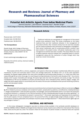 Potential Anti-Arthritic Agents from Indian Medicinal Plants