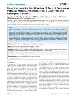 Mass Spectrometric Identification of Ancient Proteins As Potential Molecular Biomarkers for a 2000-Year-Old Osteogenic Sarcoma