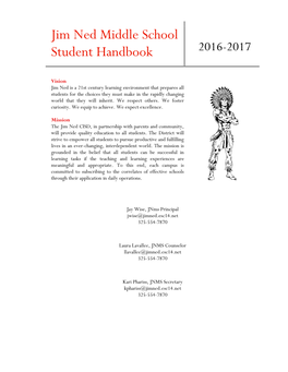 Jim Ned Middle School Student Handbook 2016-2017